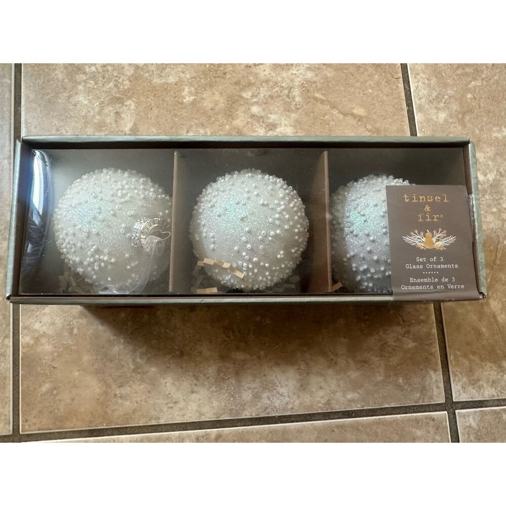 NIB Tinsel & Fir Set Of 3 Glass Ornament Christmas Decoration